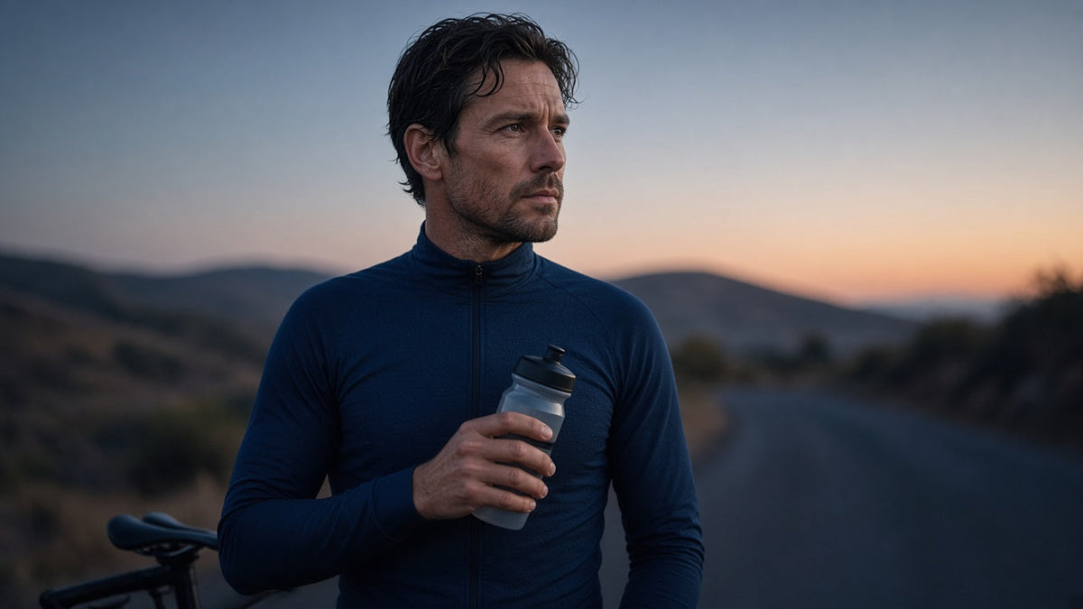 Cyclist pausing with a water bottle at dawn